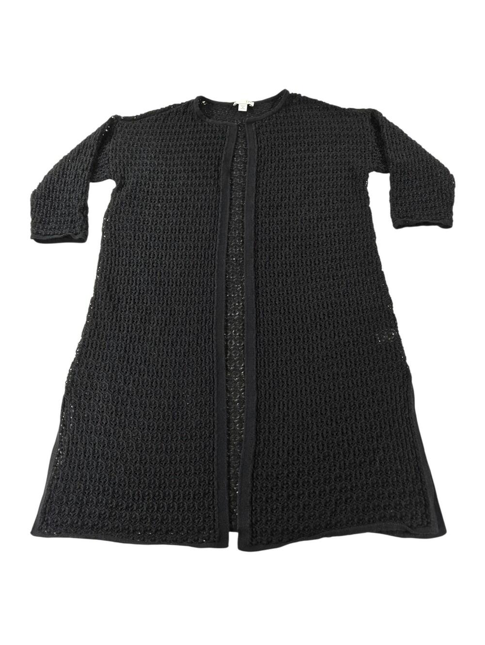 J. Jill Womens Medium P Black Crochet Knit Open Front Longline Cardigan Duster